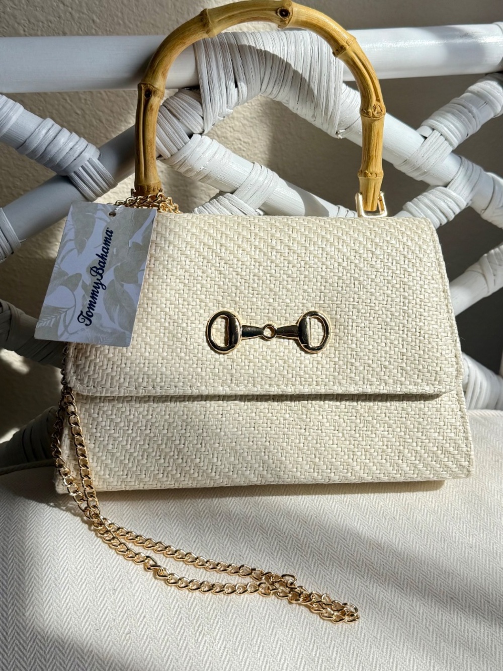 Tommy Bahama Woven Straw Natural Bag Bamboo Handle Gold Chain NWT
